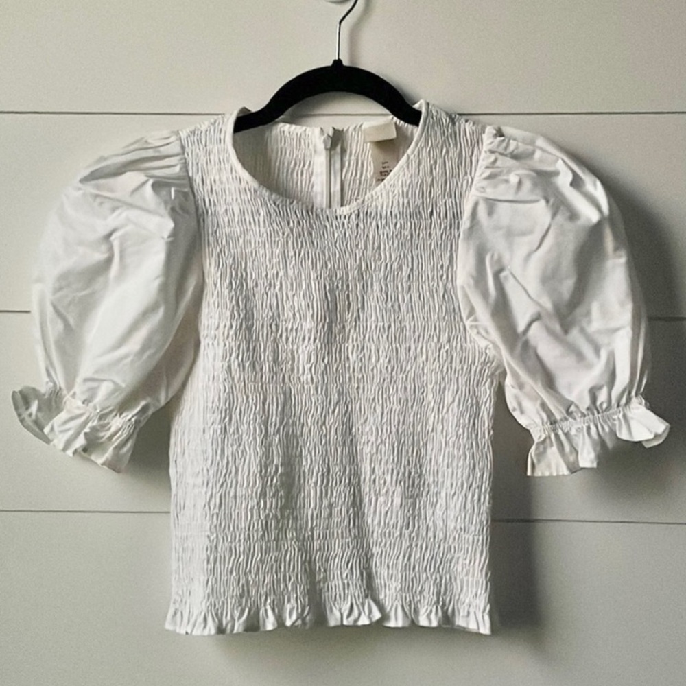 H&M White Cotton Blouse with Smocked Bodice and Puff Sleeves